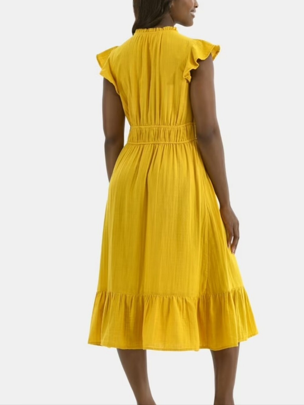 NWT Time and Tru 100% Cotton Yellow Flutter Sleeve Midi Dress - Picture 3 of 4